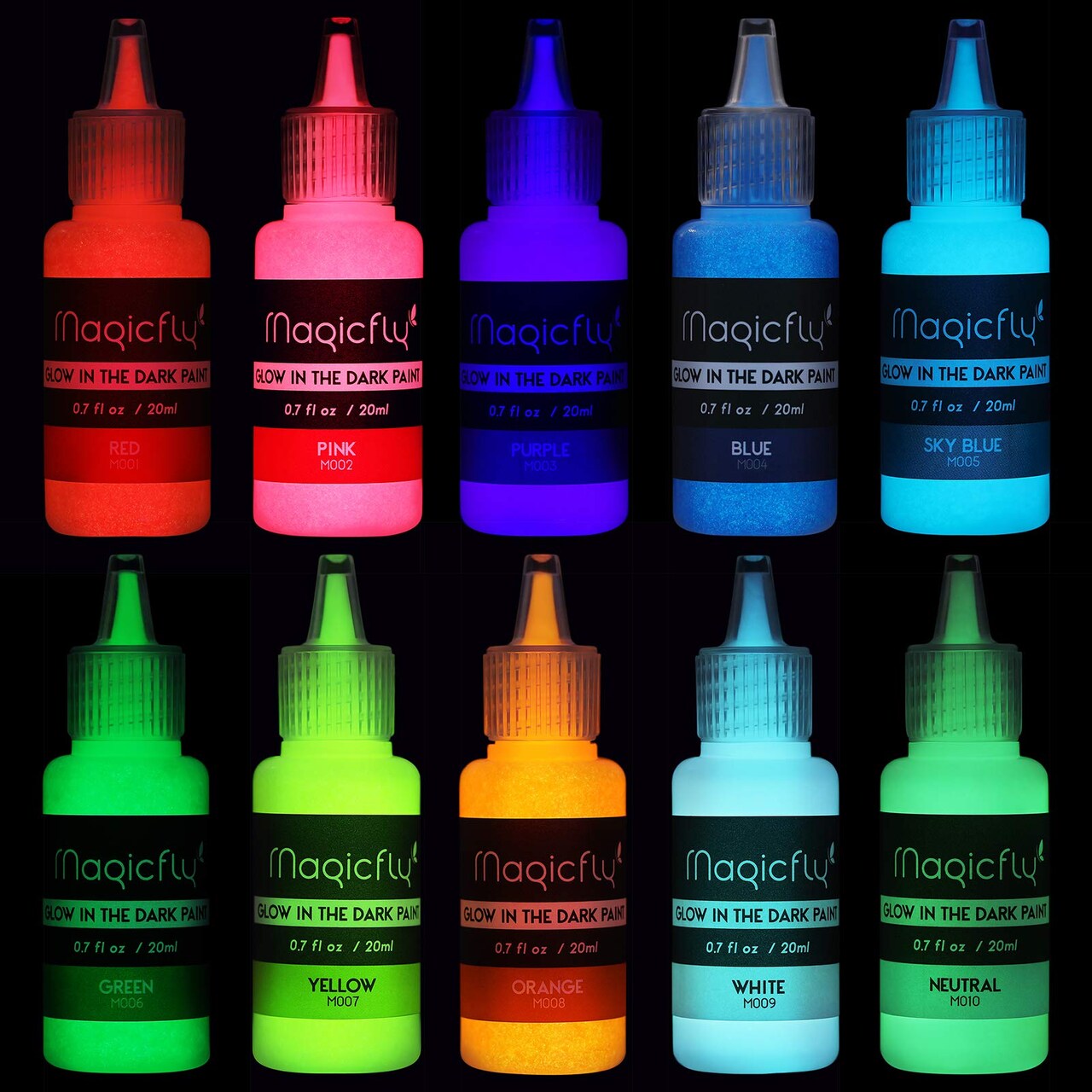 10 Bright Colors Acrylic Glow in The Dark Paint, Liquid Luminous Paint, Neon Paints Glow in Dark for Painting, Halloween Decoration, DIY Crafts, 20 ml Each